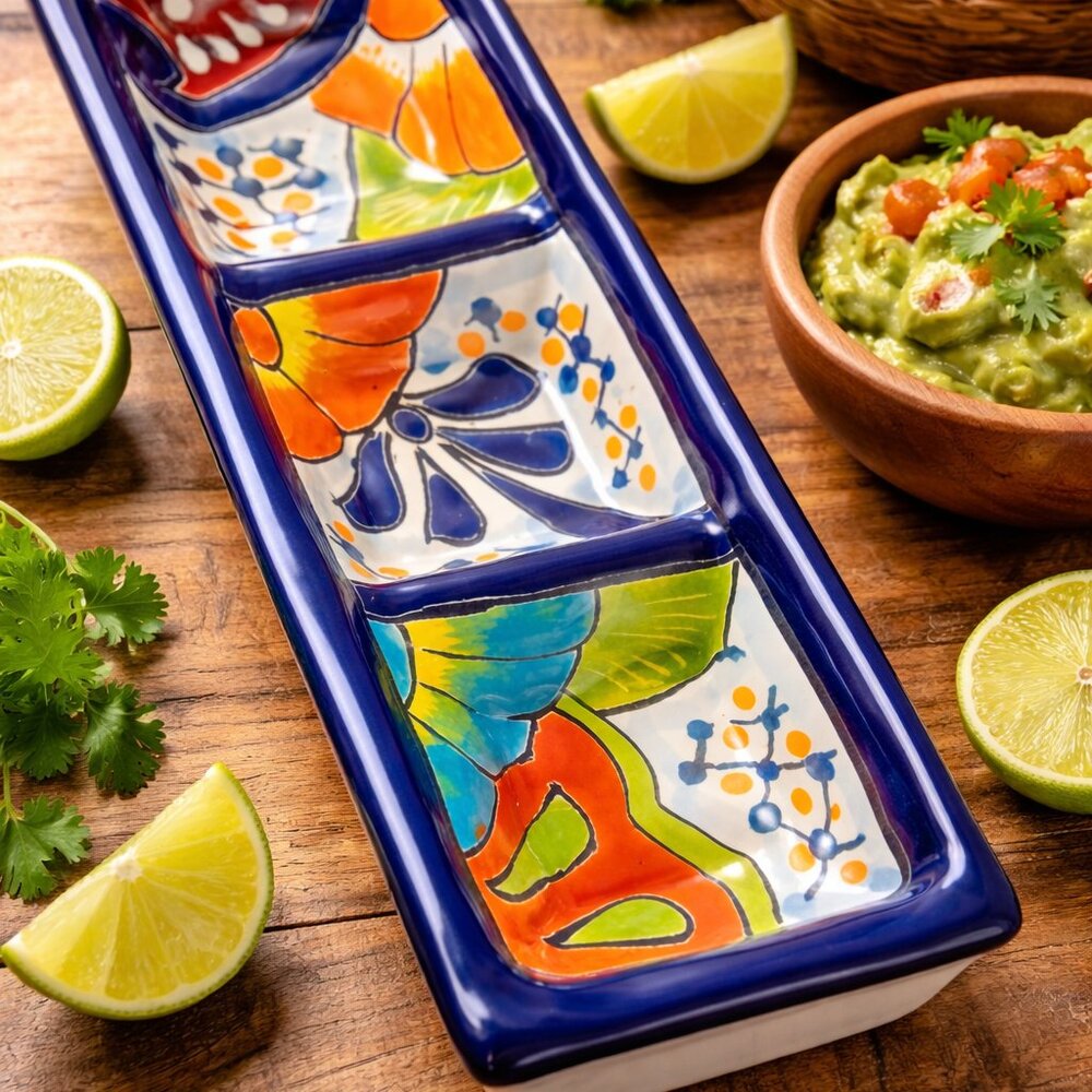 🌞 Hand-Painted Mexican Talavera Triple-Section Serving Dish | Sol y Luna | NEW
